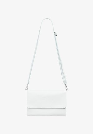 White leather crossbody bag with a textured surface, fold-over flap, and adjustable strap featuring silver hardware and hooks.