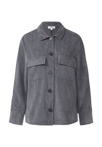 Grey corduroy jacket with a collared neck, two chest pockets, front button closure, and ribbed texture. Long sleeves with button cuffs.