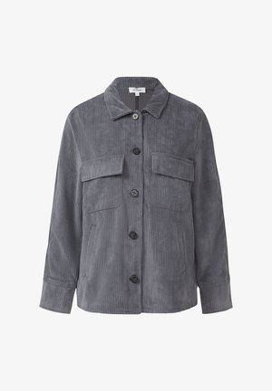 Grijze Corduroy jack met een kraag, twee borstzakken, sluiting met knopen aan de voorkant en ribbeltextuur. Lange mouwen met knoopmanchetten.