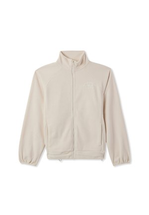 Giacca in pile con zip di colore beige chiaro. Presenta un colletto alto, polsini elasticizzati e un logo ricamato sul petto. Texture morbida e vestibilità ampia.