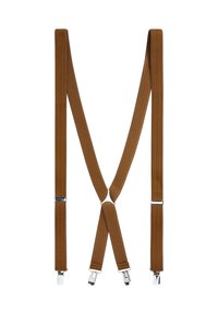 Brune elastiske seler med struktureret stof, der har sølvmetal clips i enderne og X-rygdesign for en sikker pasform.