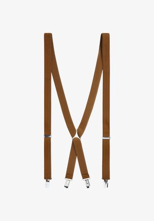 Suspendere elastice maro din material texturat, dotate cu clipsuri metalice argintii la capete și design în formă de X pentru o fixare sigură.