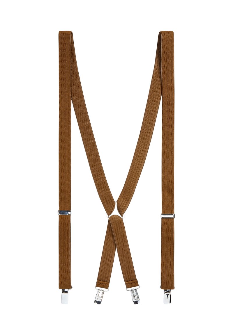 Brune elastiske seler med struktureret stof, der har sølvmetal clips i enderne og X-rygdesign for en sikker pasform.