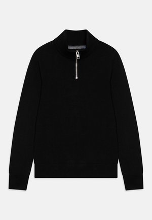 Pull noir avec un col montant et un décolleté zippé. Présente des poignets et un ourlet côtelés. Texture lisse, design classique. Pas de motifs ni d'accents.