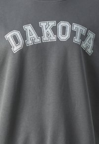 Šedé tričko s odvážnym, strieborným, trblietavým nápisom "DAKOTA" naprieč hrudníkom. Bavlnená látka s jemnou textúrou a okrúhlym výstrihom.
