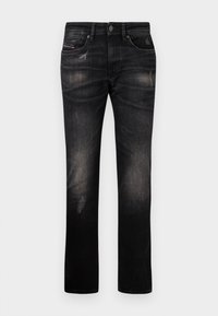 Black denim jeans feature a straight leg cut, faded texture, and subtle distressing. Includes standard pockets and a button closure.