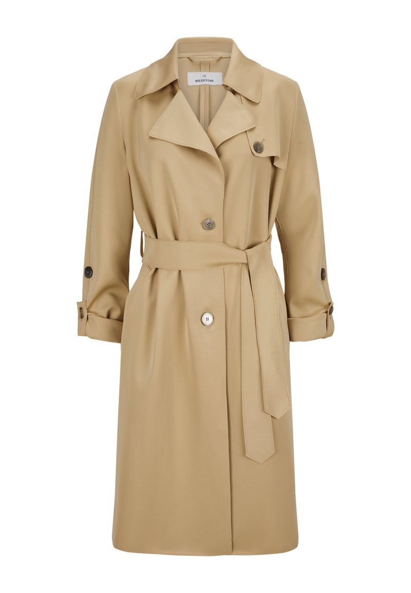 Beige Trenchcoat mit tailliertem Design, großen Revers und knöpfbaren Manschetten. Glatte Textur und zwei vordere Knöpfe. Minimalistisches Design.