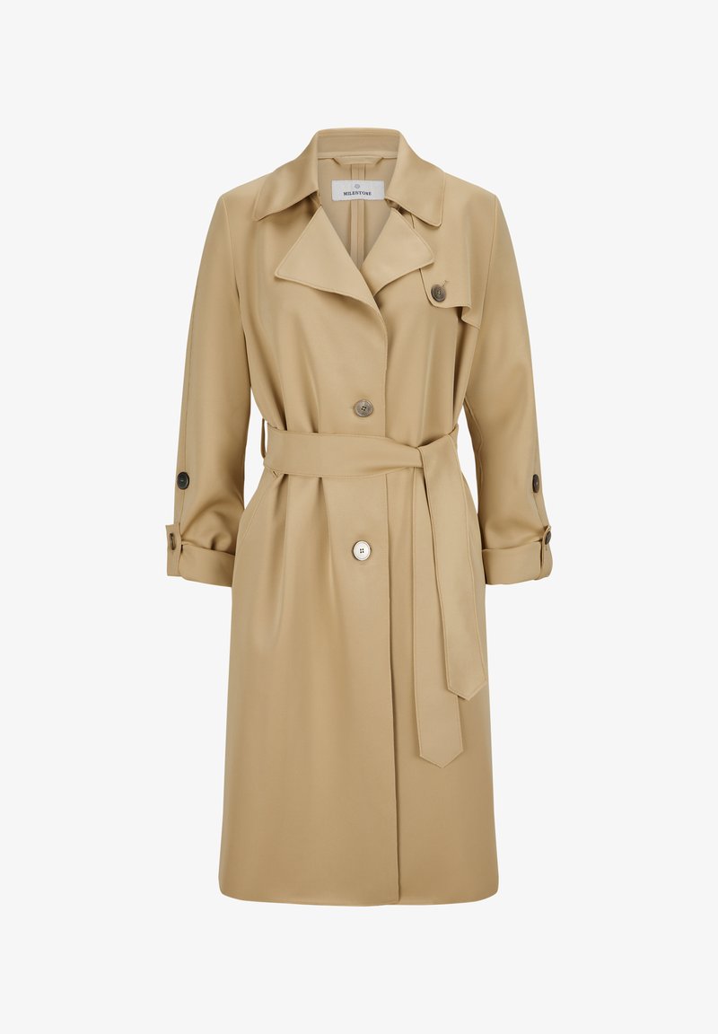 Beige Trenchcoat mit tailliertem Design, großen Revers und knöpfbaren Manschetten. Glatte Textur und zwei vordere Knöpfe. Minimalistisches Design.