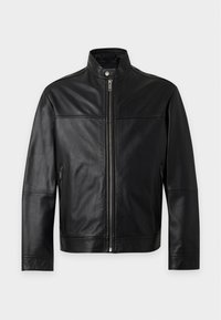 Veste en cuir noire avec col montant, fermeture éclair complète à l'avant, fermeture par bouton-pression et poches latérales zippées, présentée sur un fond uni.