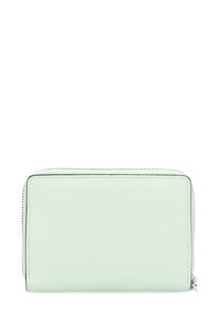 Mint green leather wallet with a textured finish, rectangular shape, and silver zipper closure. Simple, clean design with contrasting stitching.