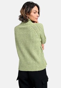 Grüner gerippter Strickpullover mit hohem Kragen, ausgestattet mit einer strukturierten Oberfläche und einem lässigen Schnitt, kombiniert mit schwarzen Hosen.