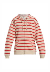 Sweat à capuche beige zippé avec des rayures horizontales rouges, poches avant, capuche avec cordon et petit logo rouge sur la poitrine gauche.