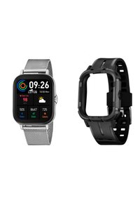 Montre intelligente avec un écran rectangulaire noir affichant l'heure et les indicateurs ; bracelet en maille métallique à gauche, bracelet en silicone noir à droite.