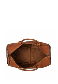 Borsa da viaggio in pelle marrone con un ampio interno, chiusura con zip e due manici resistenti. Foderata con un tessuto liscio color sabbia.