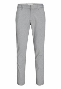 Pantalon gris en mélange de coton avec une coupe slim, devant plat et sans poches visibles. Le tissu présente une texture lisse et un léger éclat.