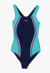 Maillot de bain une pièce bleu marine avec des accents bleu clair et rose; présente des bretelles larges et un design épuré et ajusté.