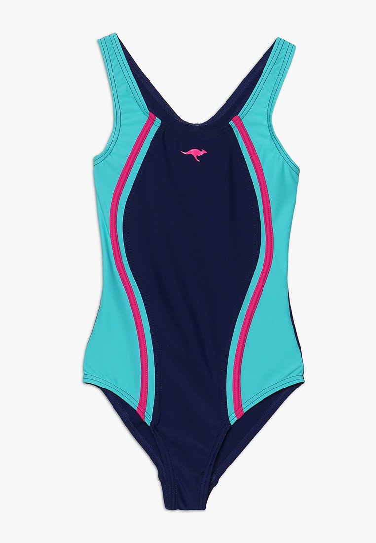 Maillot de bain une pièce bleu marine avec des accents bleu clair et rose; présente des bretelles larges et un design épuré et ajusté.