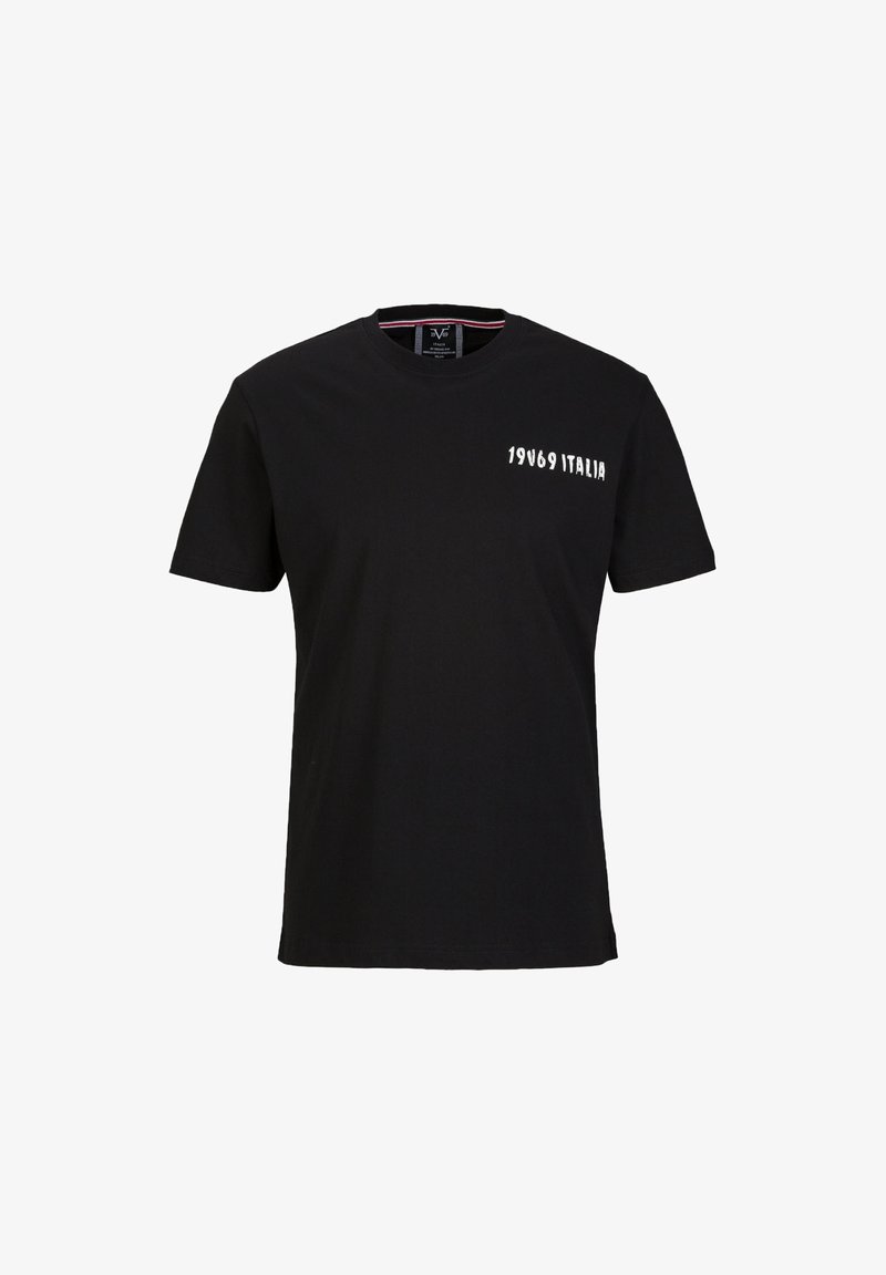 Schwarzes Baumwoll-T-Shirt mit kurzen Ärmeln und Rundhalsausschnitt, mit weißem Text "1969 ITALIA" auf der Vorderseite. Glatte Textur, schlichte Gestaltung.