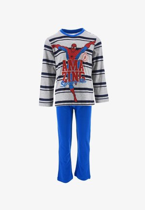 Kinderen pyjama set: grijs T-shirt met lange mouwen met marineblauwe strepen en Spider-Man afbeelding; blauwe broek met een rechte pijpdesign.