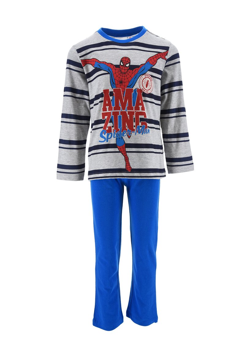 Kindershirt-Set: graues Langarmshirt mit marineblauen Streifen und Spider-Man-Grafik; blaue Hose mit geradem Bein-Design.