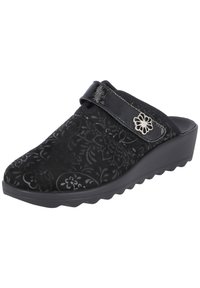 Black slip-on shoe with a textured floral pattern, synthetic upper, and a glossy strap. Features a wedge sole with a textured grip.