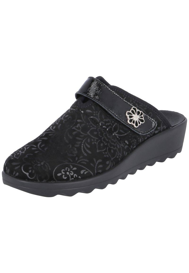 Black slip-on shoe with a textured floral pattern, synthetic upper, and a glossy strap. Features a wedge sole with a textured grip.
