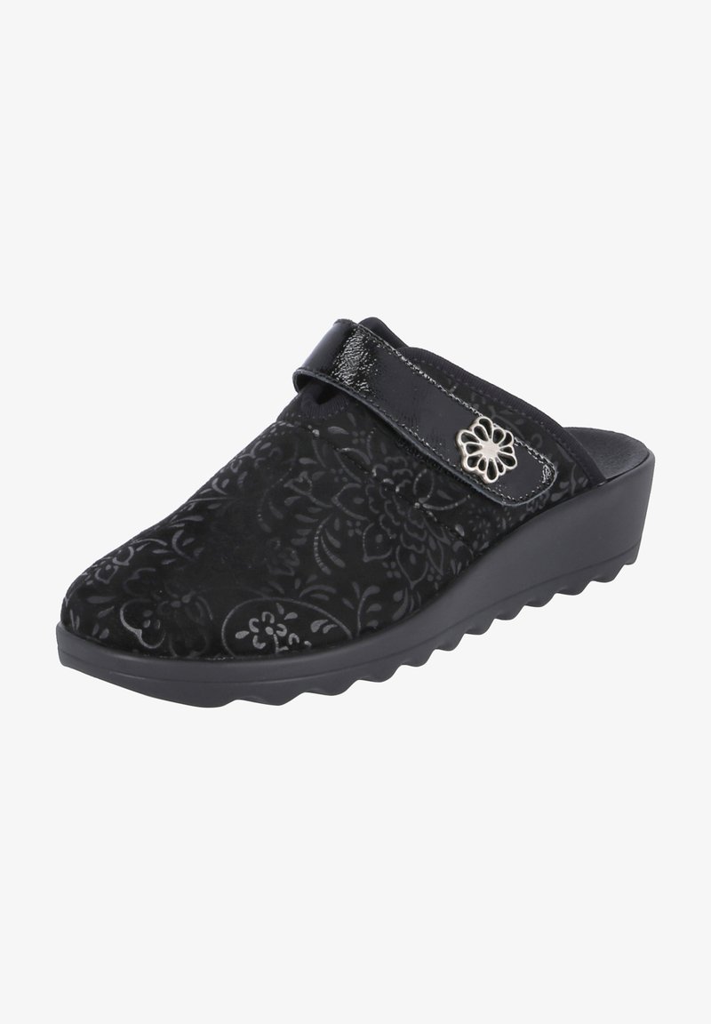 Black slip-on shoe with a textured floral pattern, synthetic upper, and a glossy strap. Features a wedge sole with a textured grip.