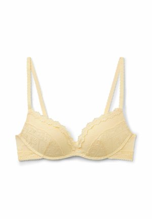 Hellgelber Spitzen-BH mit gepolsterten Cups, Bügelunterstützung, verstellbaren Trägern und floraler Stickerei.