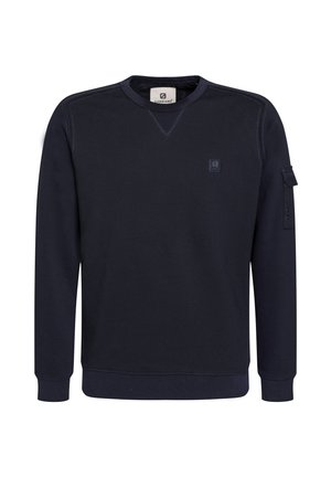 Sudadera navy hecha de tejido suave, con cuello redondo, puños acanalados, un parche de logo en el pecho y un bolsillo lateral con detalle de botón.