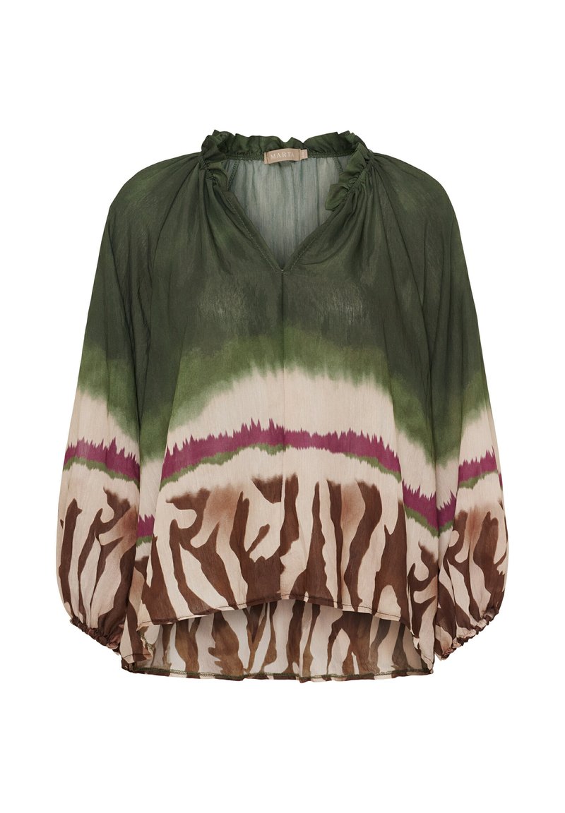 Grön och beige svävande blus med V-ringning. Har konstnärliga tigerränder i brunt, rosa och grönt. Elastiska ärmslut förbättrar passformen.