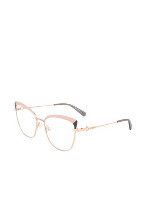 Occhiali stile cat-eye con sottili montature in metallo dorato, dettagli rosa sui bordi superiori, terminali delle aste neri e naselli regolabili.