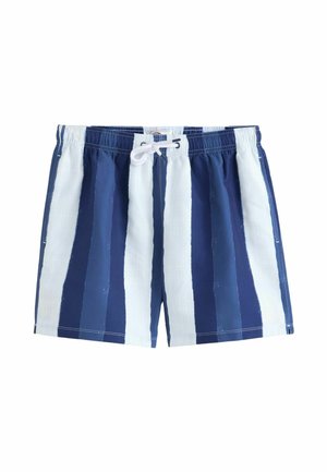 Men's swim shorts with vertical navy blue and white stripes, elastic waistband, and white drawstring tie at center front.