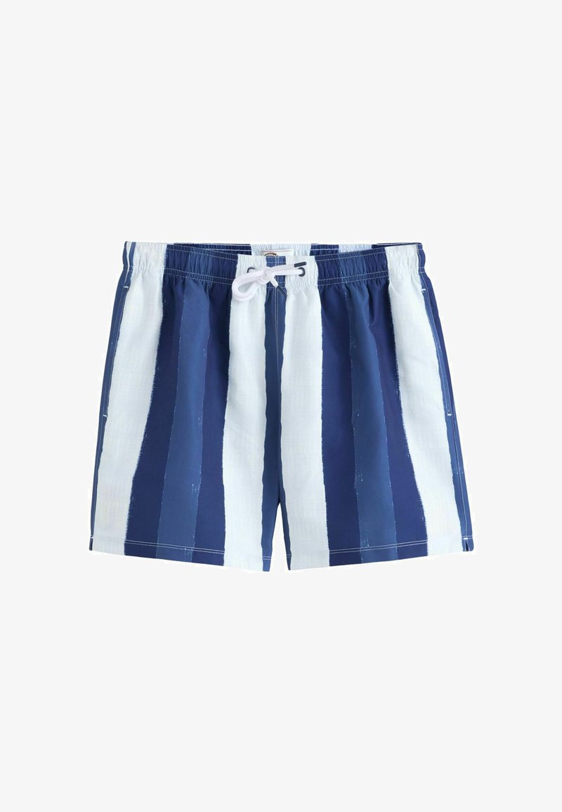 Shorts de bain pour hommes à rayures verticales bleu marine et blanches, avec ceinture élastique et cordon blanc à nouer au centre avant.