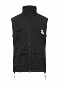 Schwarze ärmellose Weste aus leichtem Material, mit mehreren Fronttaschen, einem hohen Kragen und verstellbarem Kordelzug am Saum.