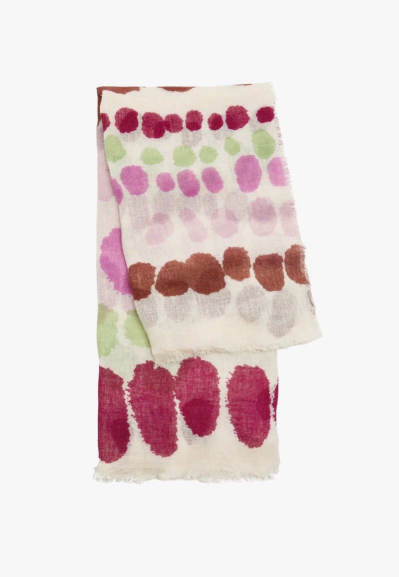 Bawełniany szalik o kremowym tle, z różnymi okrągłymi wzorami w kolorach burgundowym, różowym, zielonym i brązowym; z frędzlami.