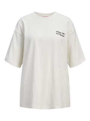 Maglietta bianca oversize a maniche corte con la scritta "THANK YOU" ripetuta tre volte in nero sul petto in alto a sinistra.
