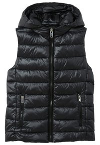 Schwarze gepolsterte Weste mit Kapuze, mit einem durchgehenden Reißverschluss vorne, zwei seitlichen Reißverschlusstaschen und einem gesteppten Muster. Glattes, glänzendes Material.