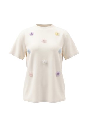 Kortærmet cremefarvet T-shirt med pastelfarvede 3D-blomsterapplikationer jævnt fordelt på fronten. Ingen andre synlige motiver eller logoer.