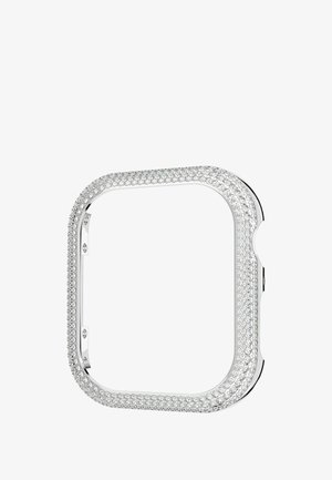 Etui na telefon w srebrnym odcieniu o kwadratowym kształcie, ozdobione rzędami przezroczystych kryształów na krawędziach, gładka faktura, otwarte boki.