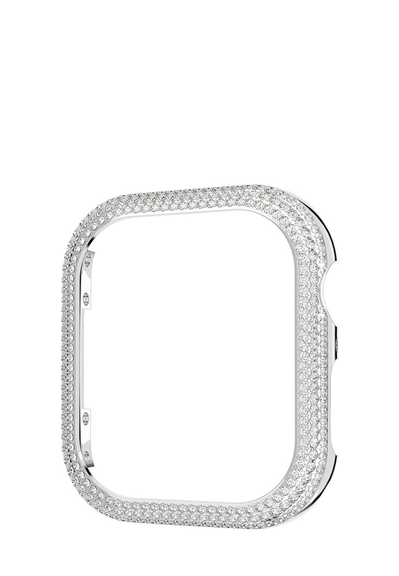 Funda de teléfono en tono plateado con forma cuadrada, adornada con una fila de cristales transparentes alrededor de los bordes, textura suave y lados abiertos.