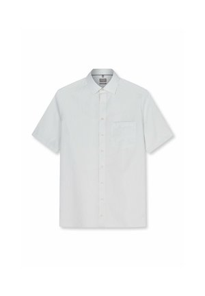 Herren Kurzarmhemd mit Knopfleiste, hellblauen und weißen vertikalen Streifen, einer Brusttasche und klassischem Kragen.