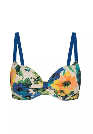 Bikini górna część z wzorem kwiatowym, z niebieskimi paskami, wyprofilowanymi miseczkami i centralną kokardką. Kolory to pomarańczowy, niebieski i zielony na neutralnym tle.