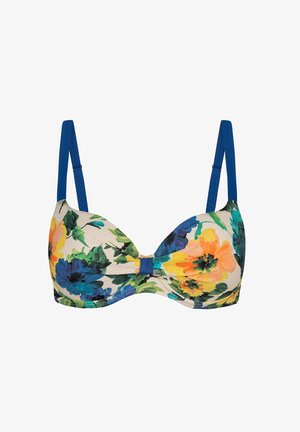 Bikini górna część z wzorem kwiatowym, z niebieskimi paskami, wyprofilowanymi miseczkami i centralną kokardką. Kolory to pomarańczowy, niebieski i zielony na neutralnym tle.