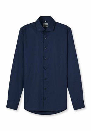 Marineblaue Hemdbluse mit langen Ärmeln aus glattem Stoff, ausgestattet mit klassischem Kragen, vorne mit schwarzen Knöpfen zum Zumachen und einem abgerundeten Saum.