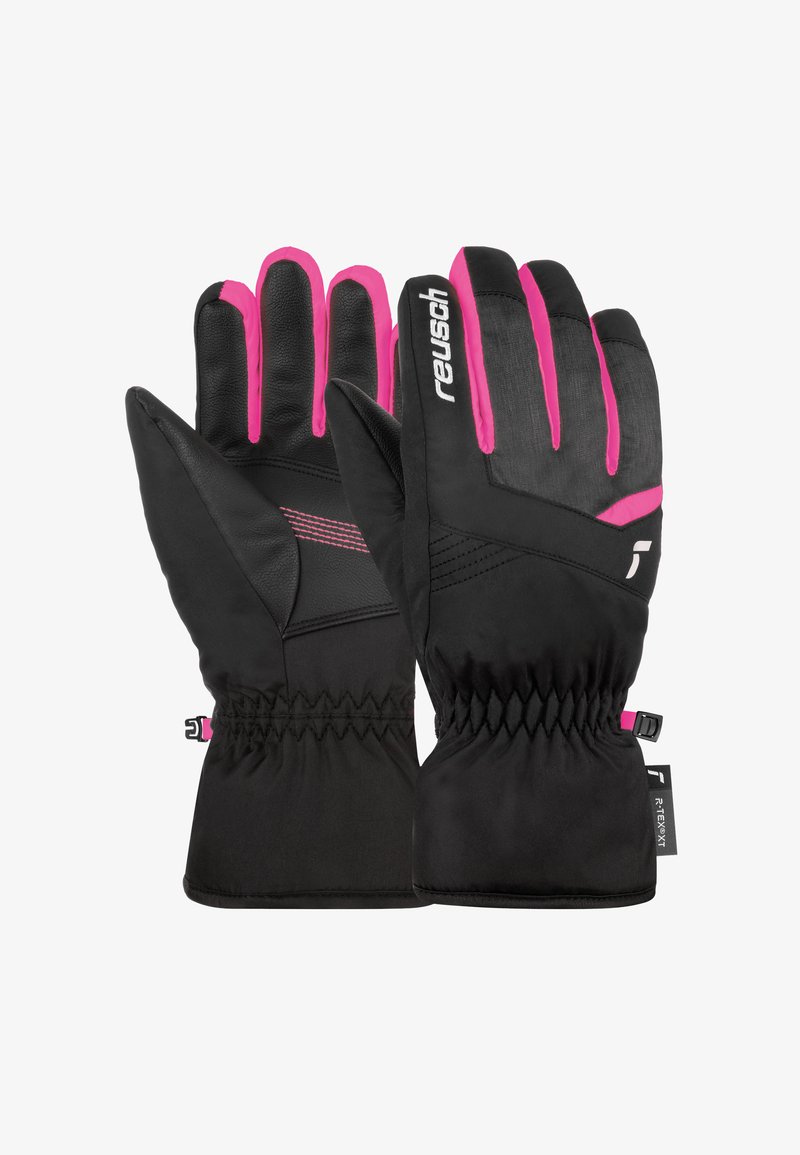 Schwarze Handschuhe mit rosa Akzenten, aus wasserfestem Material. Verfügt über elastische Bündchen, verstärkte Handflächen und kontrastierende Nähte.