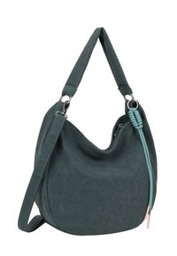 Borsa a spalla in suede teal scuro con tracolla regolabile, chiusura con zip e cordoncino decorativo teal con punte rosa su un lato.