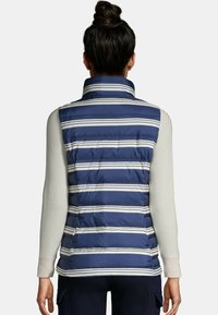 Marineblauer gestreifter Steppweste mit weißen Streifen, hohem Kragen und gefüllter Polsterung. Über einem hellfarbenen Langarmshirt getragen. Rückansicht.