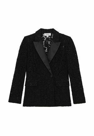 Juodas nėriniuotas švarkas su satino apykakle, dviem priekinių kišenėmis ir dvilinkėmis sagomis. Išraiškingas gėlių raštas per visą švarką.