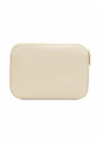 Beżowa skórzana saszetka o teksturowanej powierzchni, zaokrąglonych krawędziach i złotym zamku błyskawicznym. Charakteryzuje się prostym, prostokątnym kształtem.