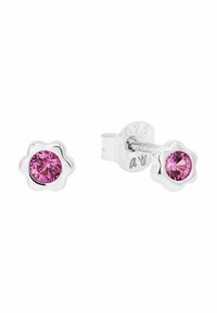 Silberne Ohrringe in Blumenform mit einem zentralen rosa Edelstein. Elegantes Design mit abgerundeten Blütenblättern und glatter Metalloberfläche.